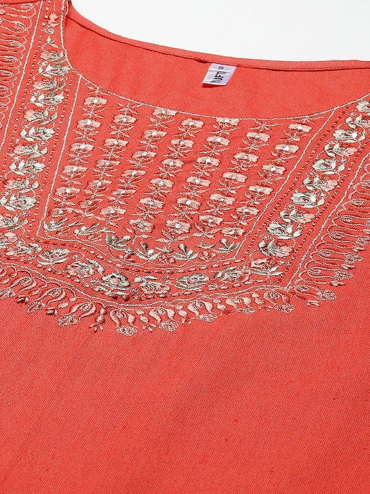 Yufta Women Orange Yoke Design Thread Work Cotton Pastels Kurta