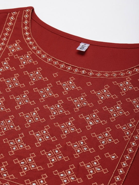 Yufta Women Red Ethnic Motifs Yoke Design Kurta