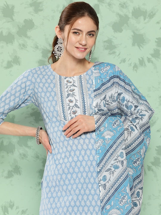 Yufta Ethnic Motifs Printed Gotta Patti Pure Cotton Kurta With Trousers & With Dupatta