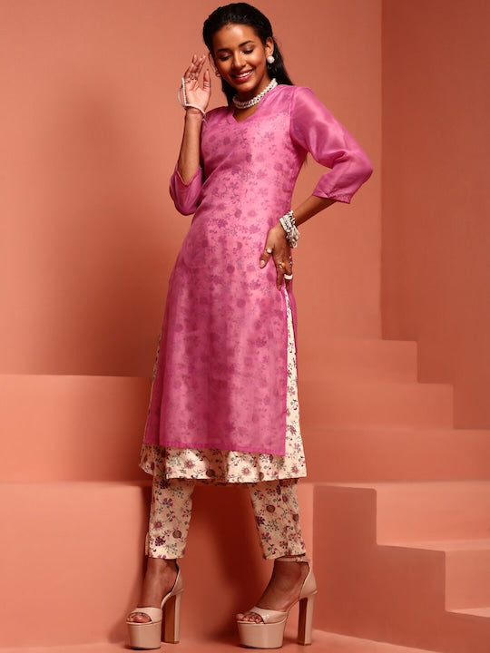 IMARA Floral Printed Regular Kurta With Trousers & Dupatta