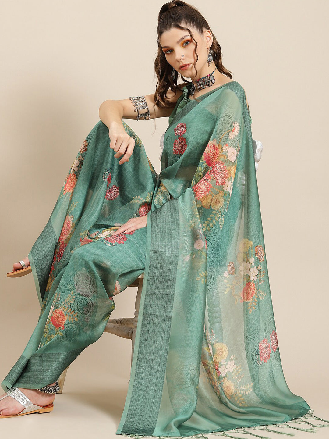 AKS Floral Printed Organza Saree