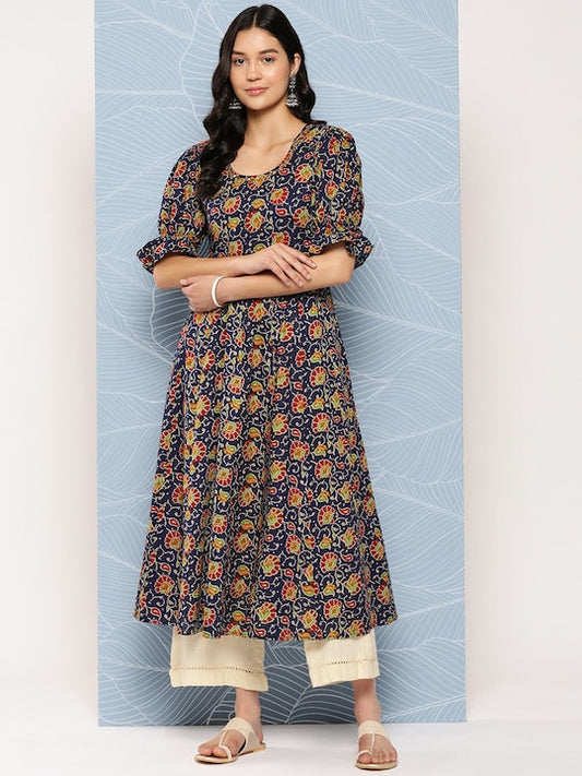 Yufta Floral Printed Puff Sleeves Pure Cotton Anarkali Kurta