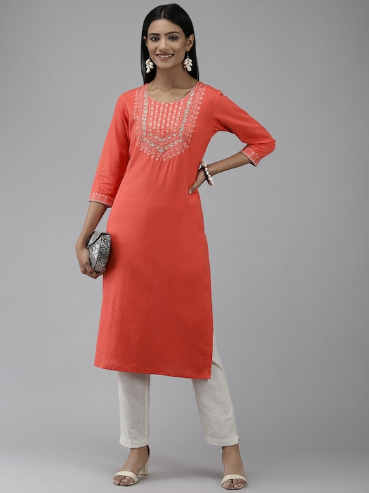 Yufta Women Orange Yoke Design Thread Work Cotton Pastels Kurta