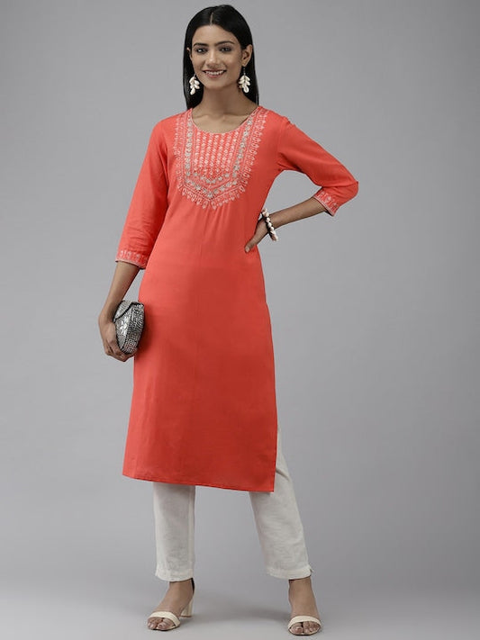 Yufta Women Orange Yoke Design Thread Work Cotton Pastels Kurta