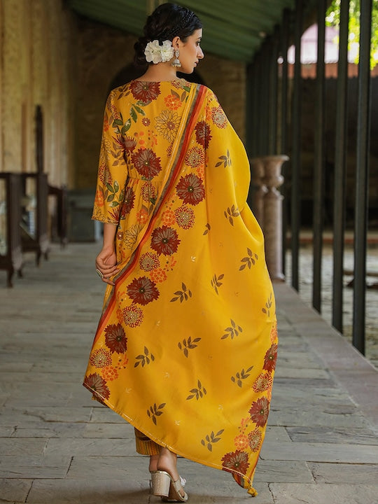 Scakhi Floral Printed Empire Thread Work Kurta with Trousers & Dupatta