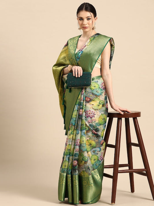 Silk Land Floral Printed Zari Muga Saree