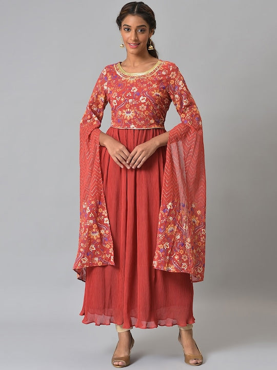 Aurelia Women Red & Gold Floral Printed Anarkali Kurta