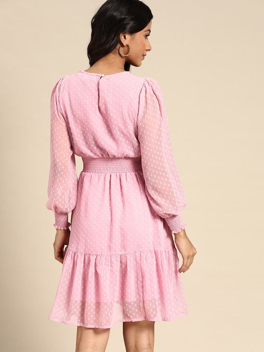 All about you Pink Dobby Weave Cinched Waist A- Line Dress