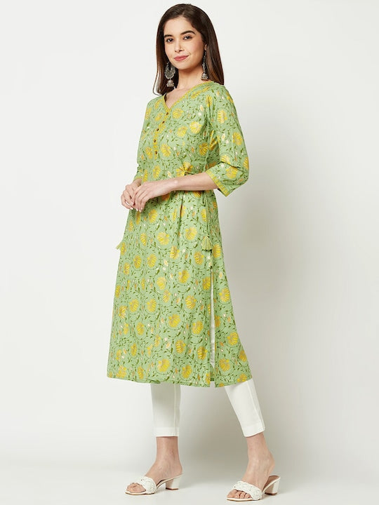 IMARA Floral Printed V Neck A-Line Pure Cotton Kurta