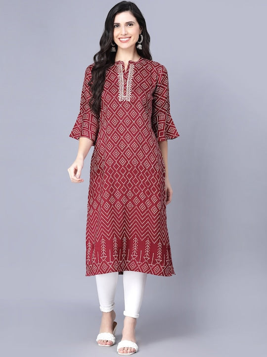 Myshka Women Maroon & White Ethnic Motifs Printed Flared Sleeves Kurta