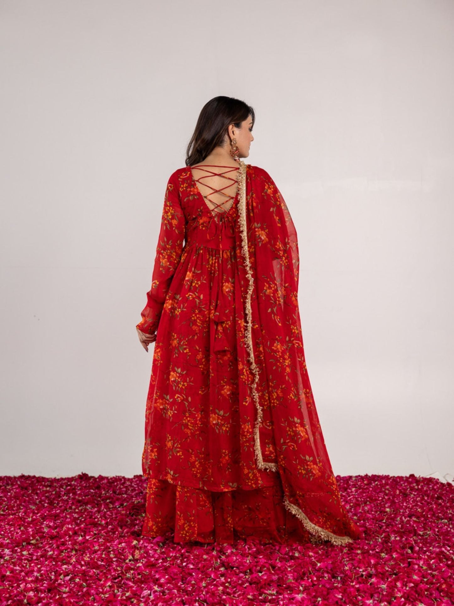 ONEWE INDIA Red Mohina Sharara (Set of 3)