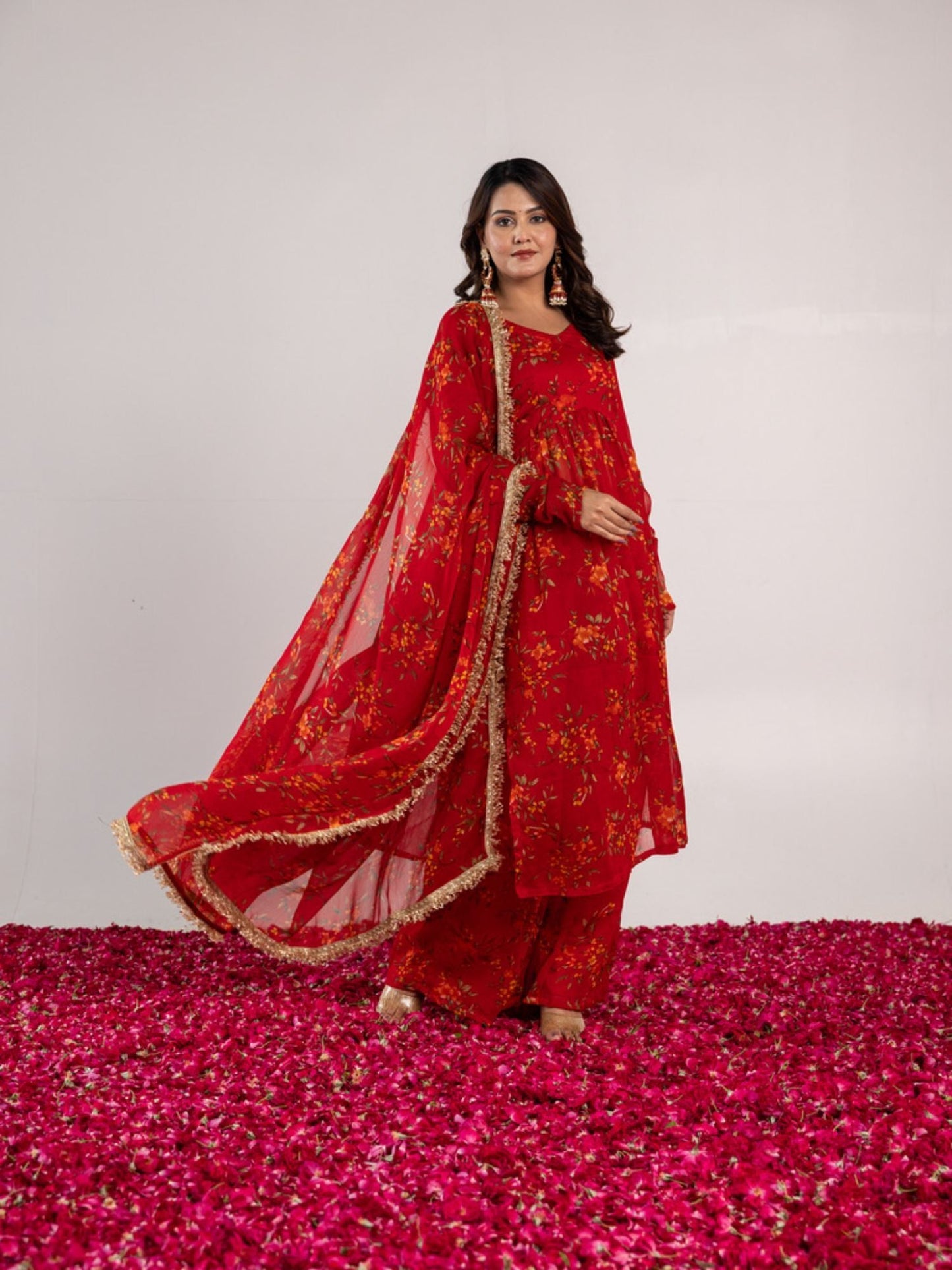 ONEWE INDIA Red Mohina Sharara (Set of 3)