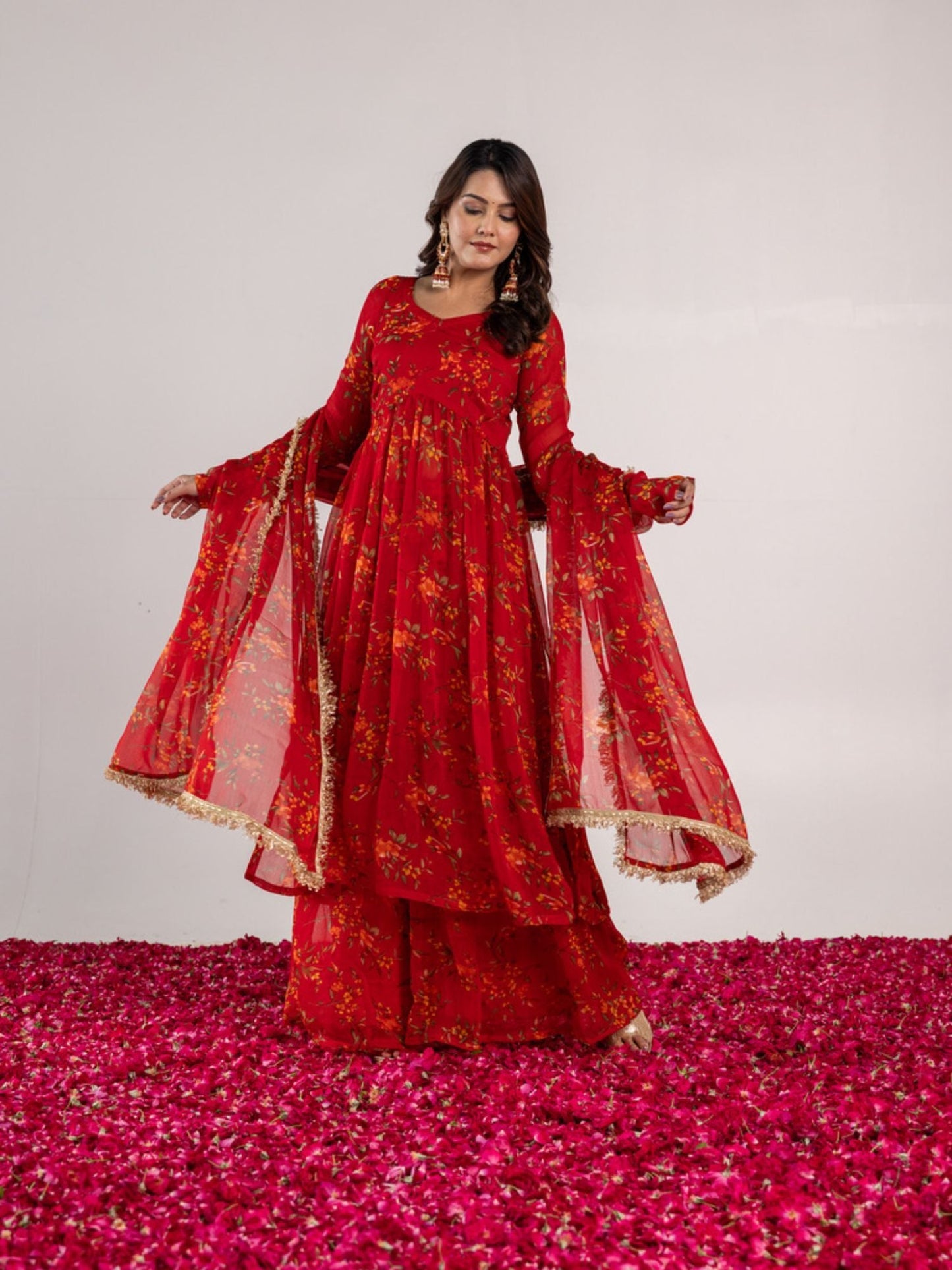 ONEWE INDIA Red Mohina Sharara (Set of 3)