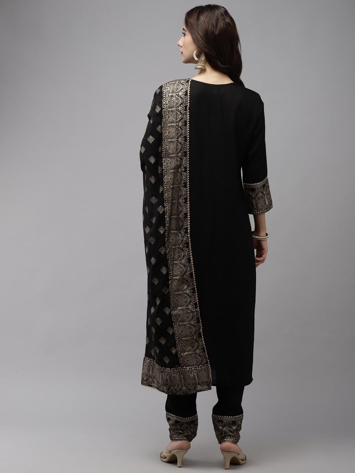 ISHIN Women's Rayon Black Solid with Gota Patti Straight Kurta Trouser Dupatta (Set of 3)