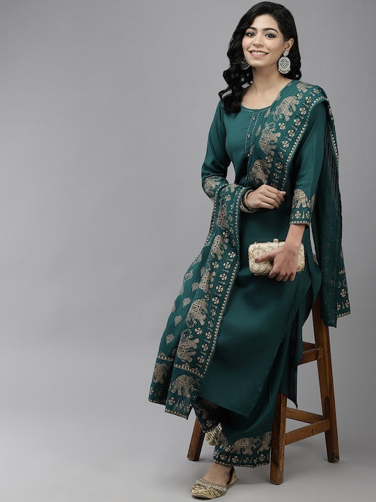 Yufta Women Teal Green & Gold-Toned Pure Cotton Kurta with Palazzos & With Dupatta