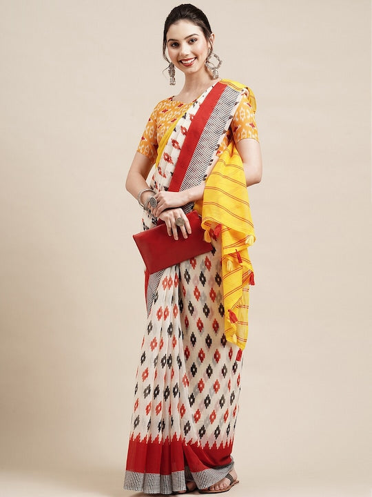 Saree mall Off White & Red Pure Cotton Sarees