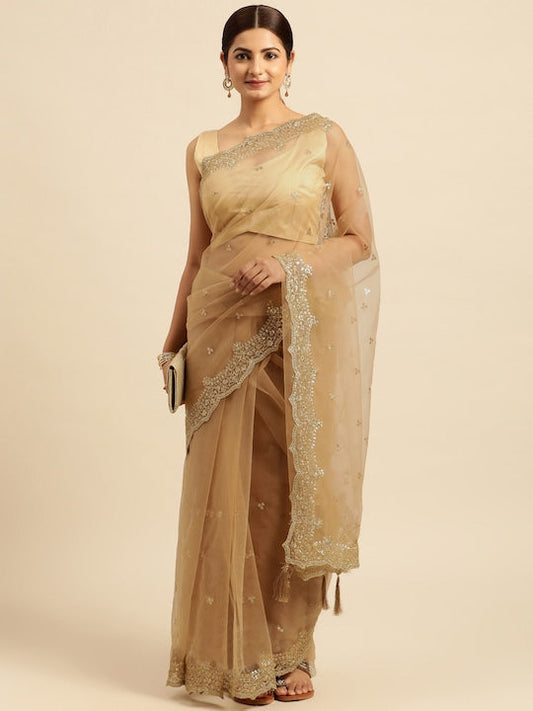 Kasee Ethnic Motifs Embroidered Sequinned Net Saree