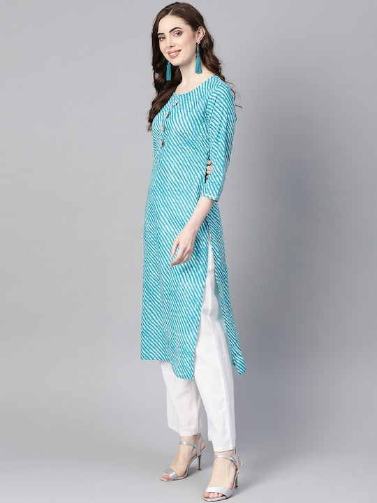 Yufta Women Blue & Off-White Leheriya Dyed Straight Kurta Blue