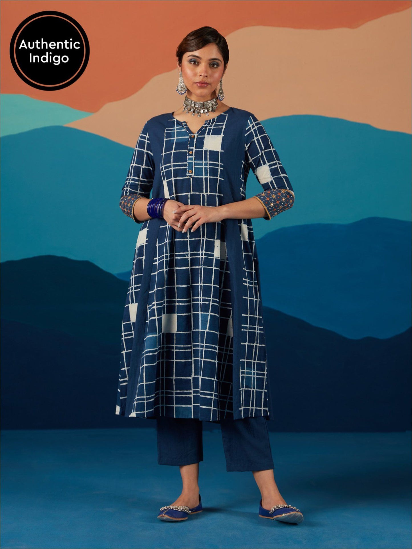 Likha Blue Indigo Saga Hand block print & Mirror work Co-ord Set LIKSKD192 (Set of 3)