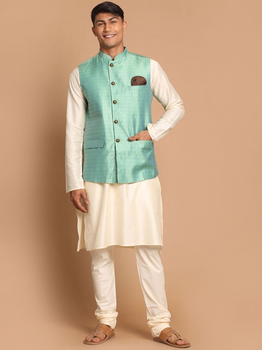 Vastramay Men Cream-Coloured Festive A-Line Kurta Sets