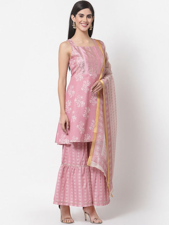 Myshka Women Peach-Coloured & White Floral Printed Kurta with Sharara & With Dupatta