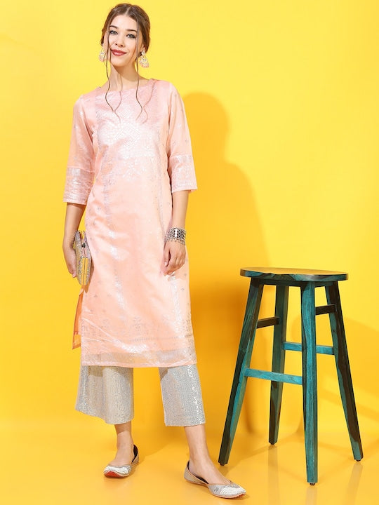 Vishudh Women Peach-Coloured Woven Design Kurta