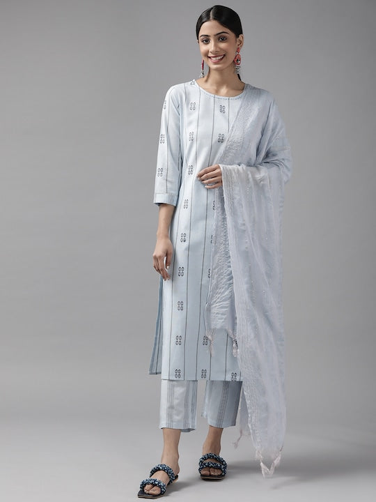 Yufta Women Blue Printed Pure Cotton Kurta with Trousers & With Dupatta