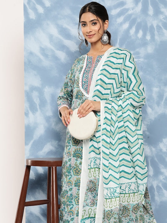 Yufta Floral Block Printed Regular Pure Cotton Kurta With Trousers & Dupatta