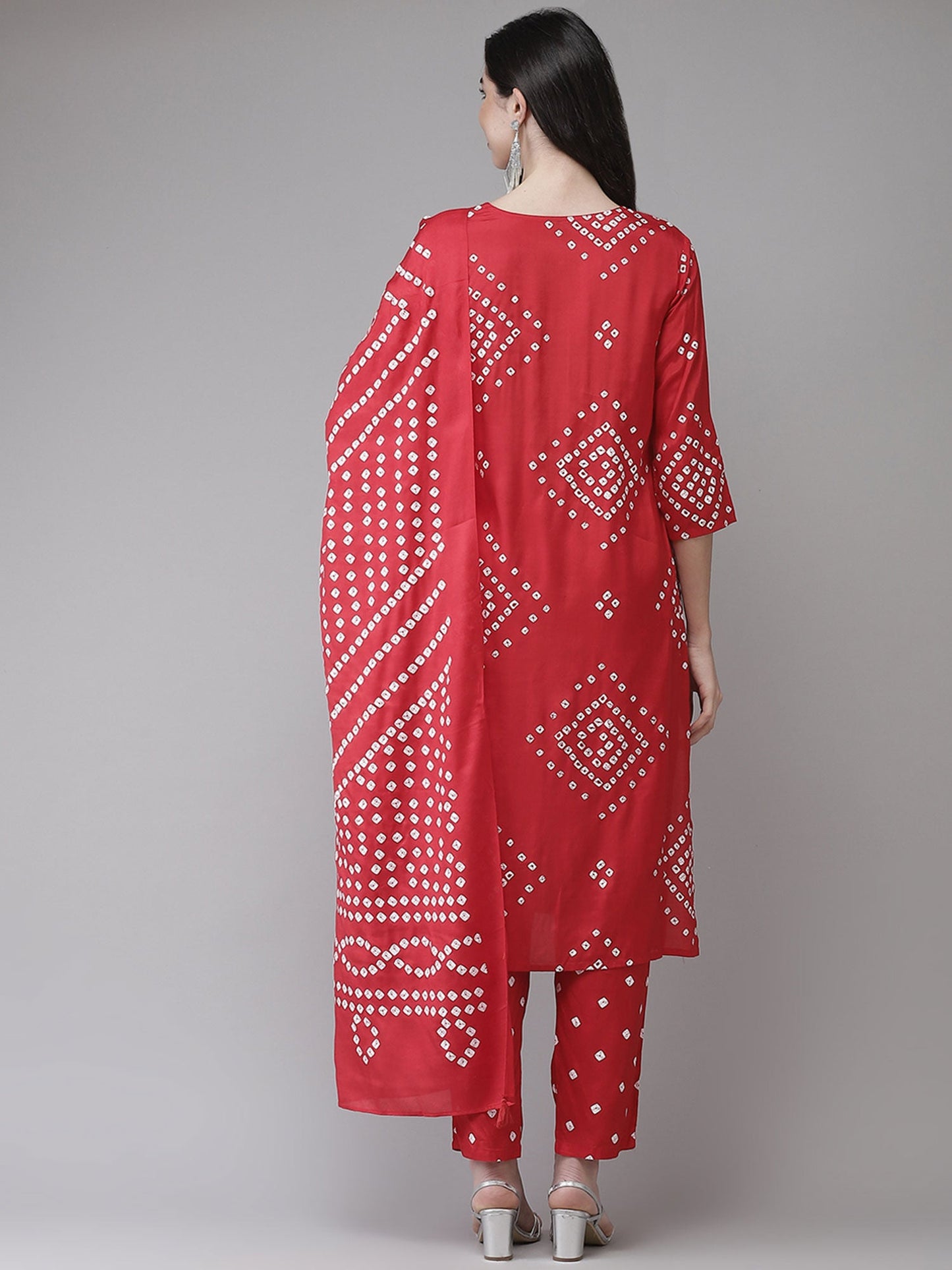 ISHIN womens Cotton Silk Red Embroidered Straight Kurta Trouser Dupatta (Set of 3)