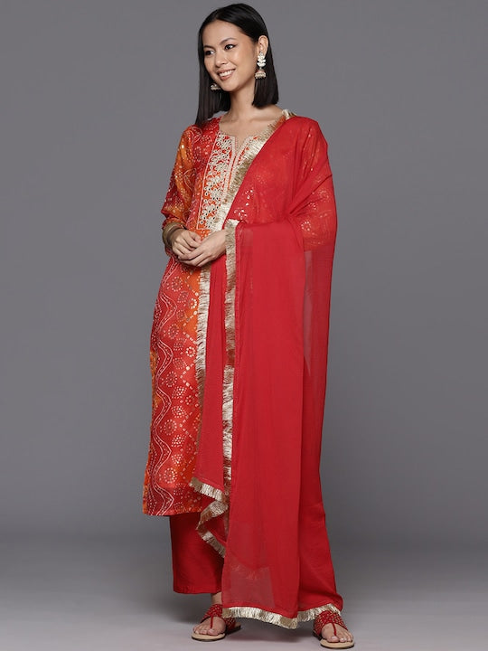 Varanga Women Bandhani Printed Kurta With Trousers & Dupatta