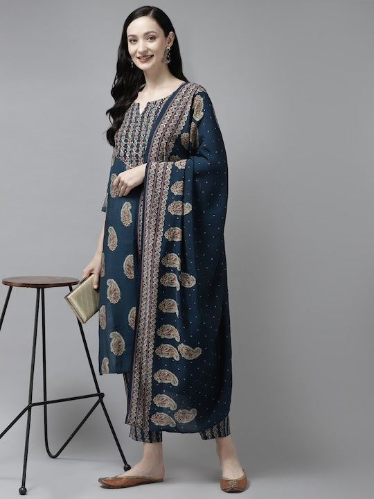 Yufta Women Blue Paisley Printed Thread Work Kurta With Trousers & With Dupatta