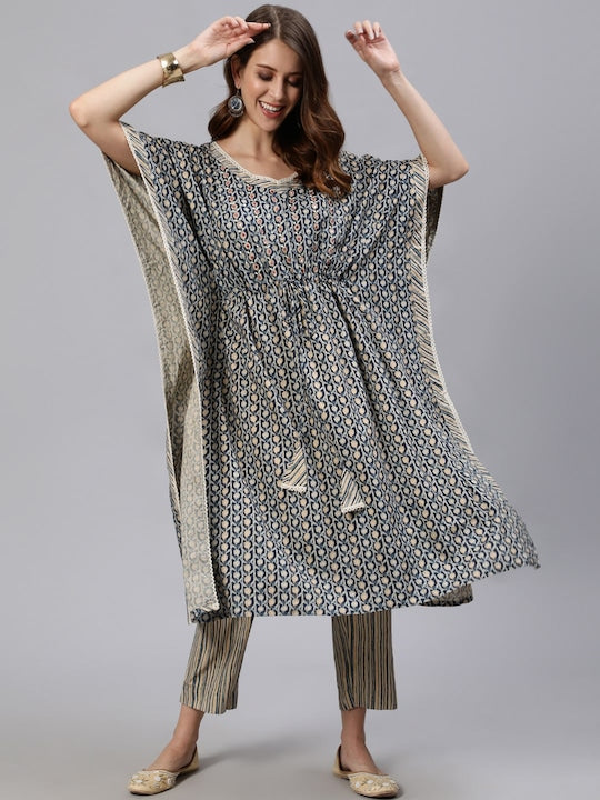 Anubhutee Women Blue Printed Kaftan Kurta with Trousers - XXL