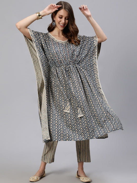 Anubhutee Women Blue Printed Kaftan Kurta with Trousers - XXL
