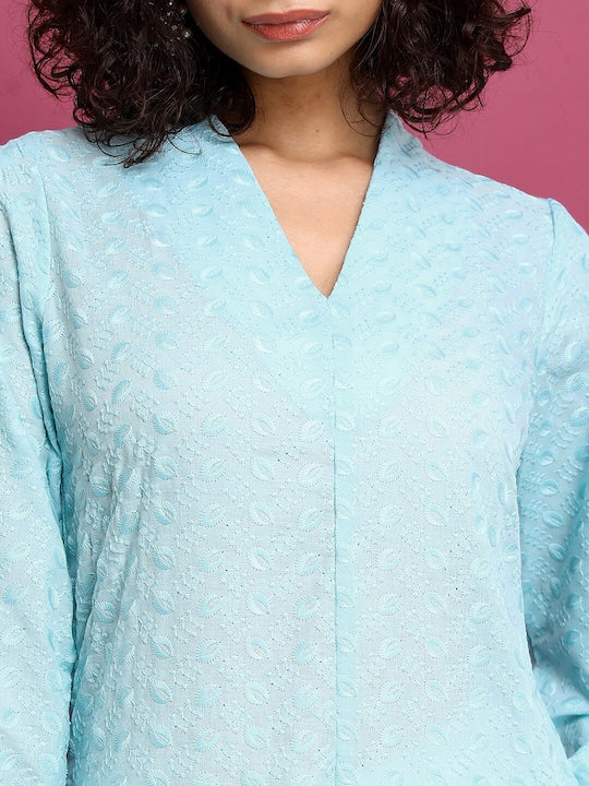 Vishudh Blue Floral Embroidered Puff Sleeve Pastels Cotton Straight Kurta