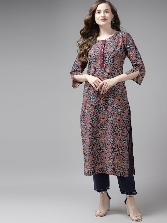Yufta Women Blue Ethnic Motifs Printed Pure Cotton Kurta with Trousers