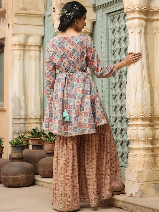 SCAKHI Women Blue Printed Crochet Work Belted Kurti with Sharara