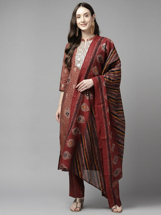 Yufta Ethnic Motifs Printed Sequinned & Thread Work Detail Kurta with Trousers & Dupatta - XXL