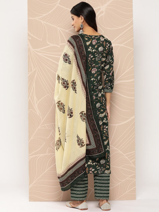 Yufta Floral Printed Regular Pure Cotton Kurta with Trousers & With Dupatta