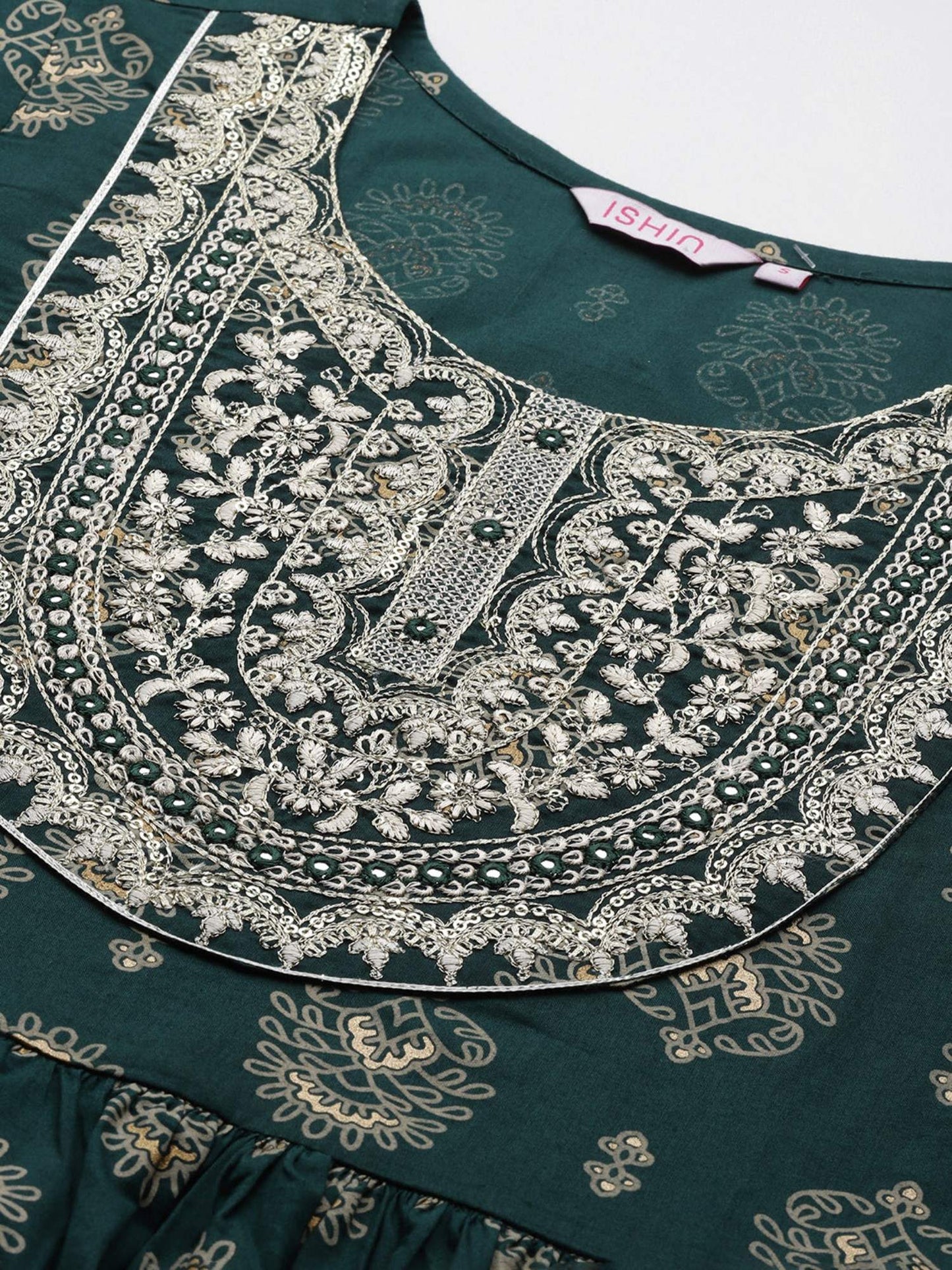 ISHIN Womens Teal Embroidered Zari Flared Kurta With Pant And Dupatta (Set of 3)