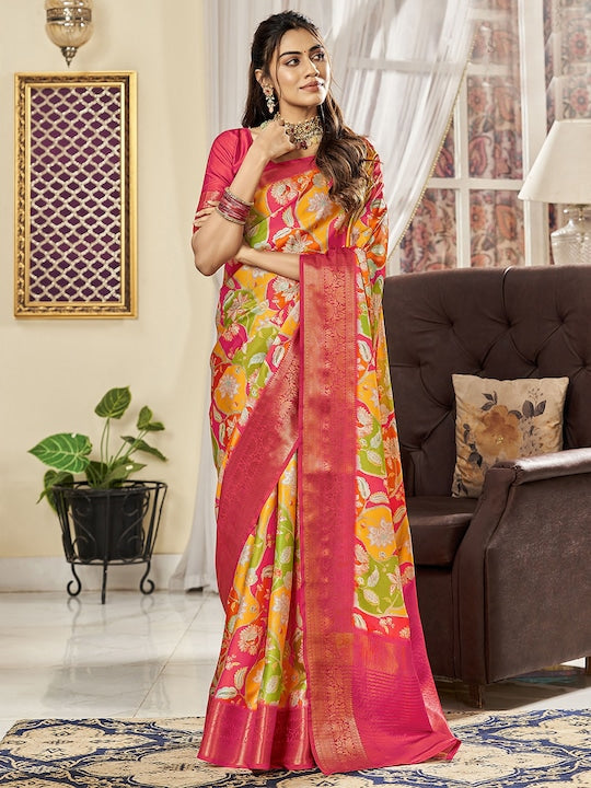 Satrani Floral Zari Silk Blend Sungudi Saree