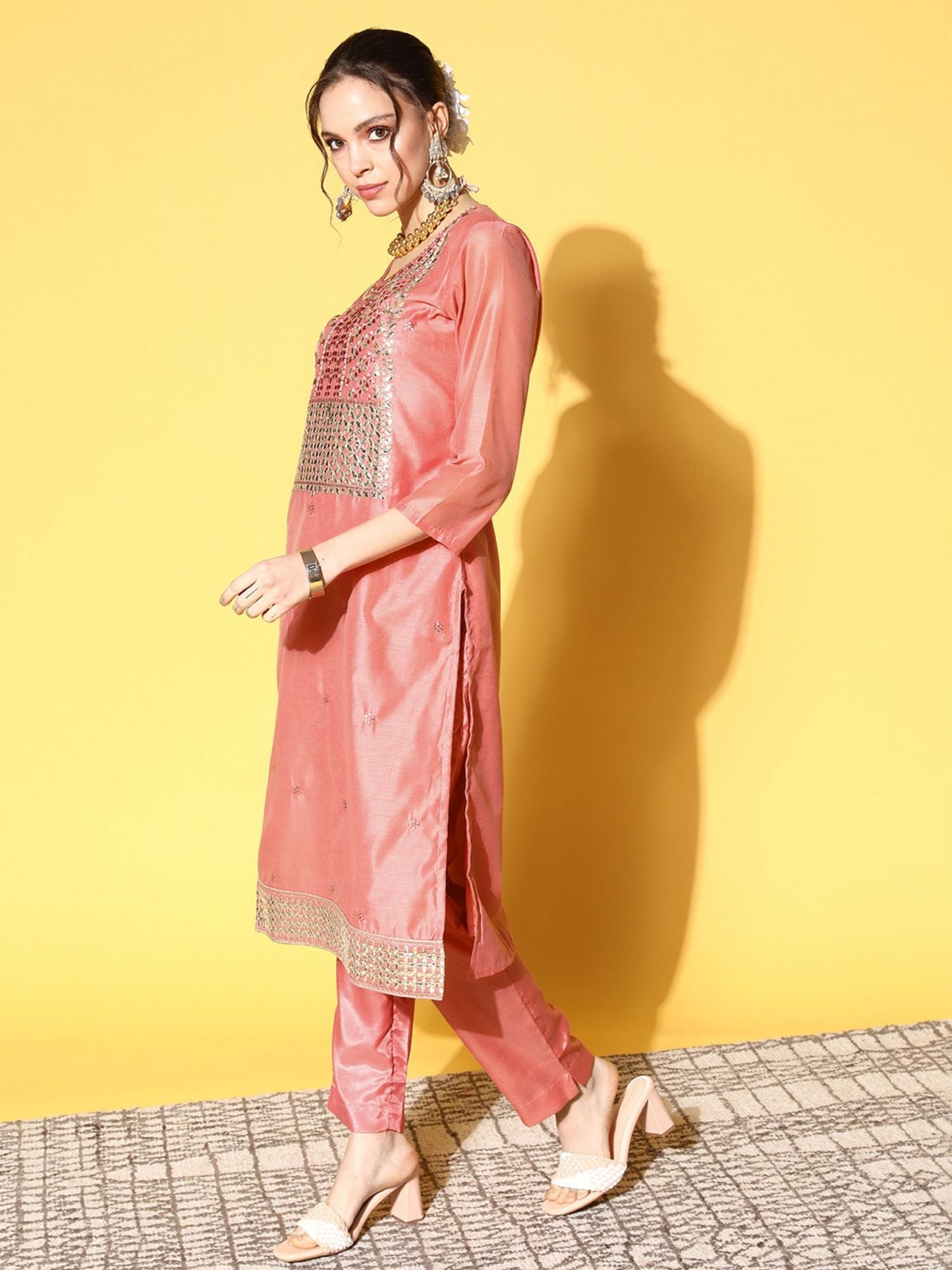 ISHIN Womens Chanderi Cotton Pink Embroidered A-Line Kurta Trouser Dupatta (Set of 3)