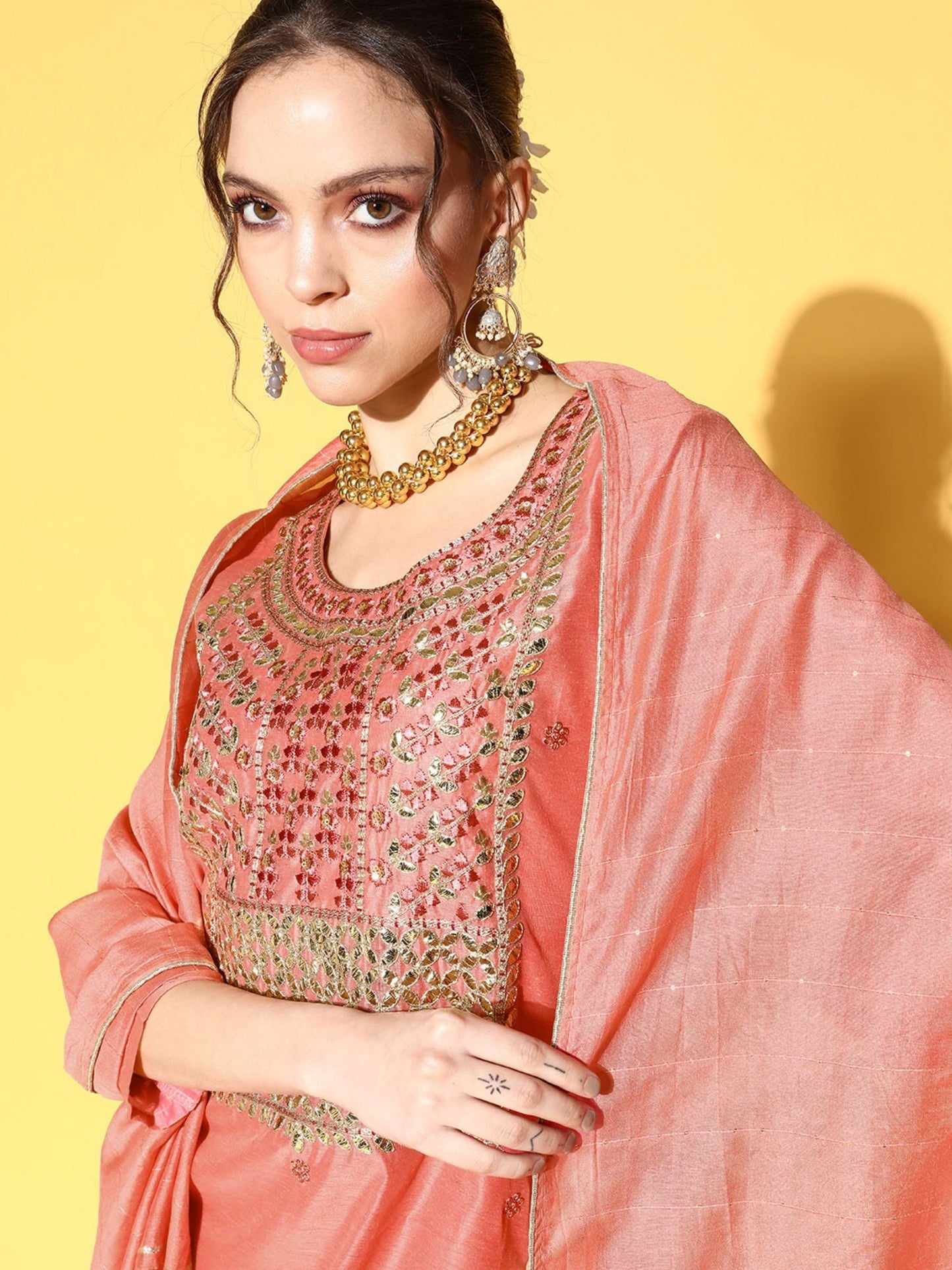 ISHIN Womens Chanderi Cotton Pink Embroidered A-Line Kurta Trouser Dupatta (Set of 3)