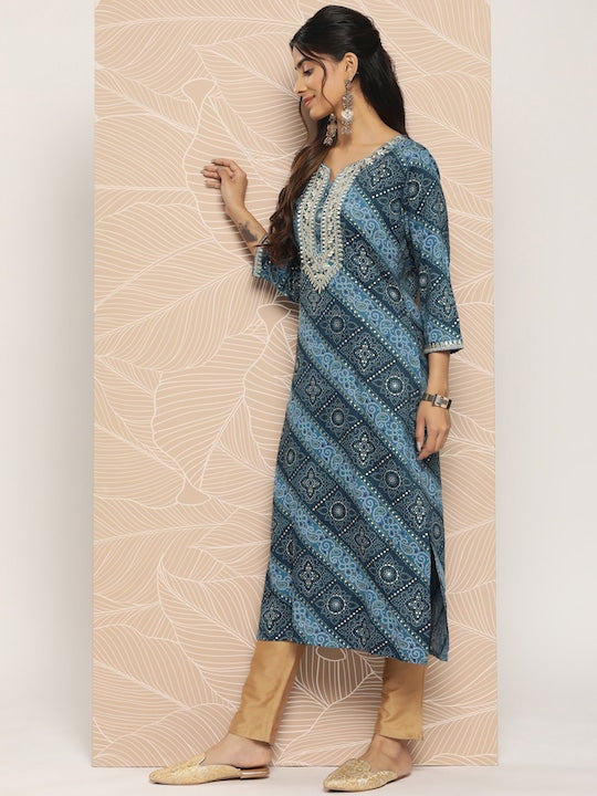 Yufta Bandhani Printed Gotta Patti Kurta Blue
