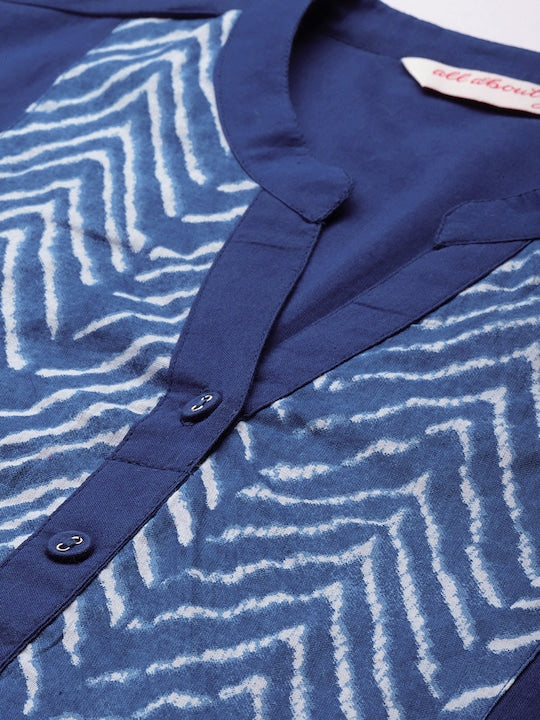 All about you Women Blue Geometric Yoke Design Pure Cotton Kurta