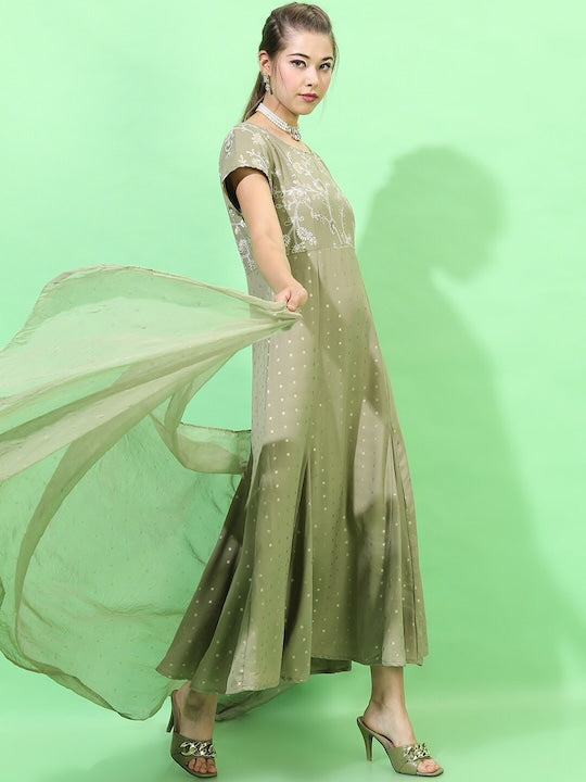 Vishudh Women Olive Green Ethnic Maxi Dress With Dupatta