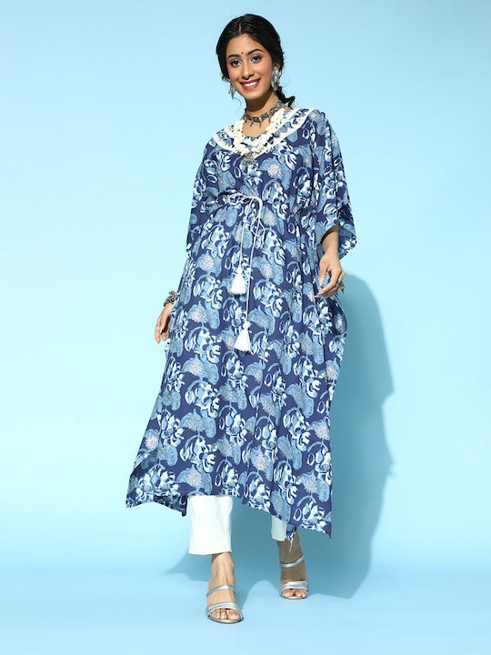 Yufta Blue Cotton Kaftan Kurta