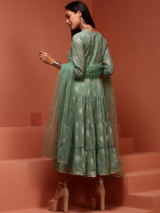 IMARA Ethnic Motifs Printed Tiered Midi Ethnic Dress With Dupatta