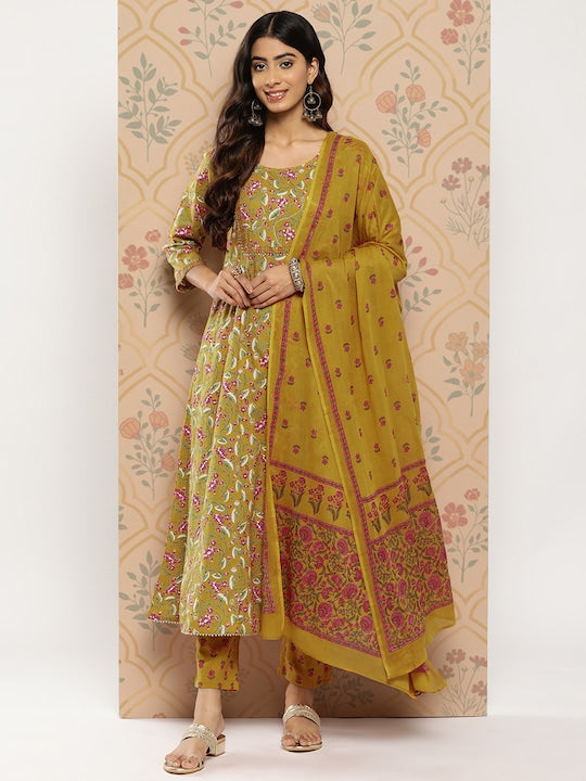 Yufta Women Mustard Yellow Floral Yoke Design Regular Sequinned Pure Cotton Kurta with Trousers & With