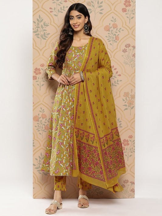 Yufta Women Mustard Yellow Floral Yoke Design Regular Sequinned Pure Cotton Kurta with Trousers & With
