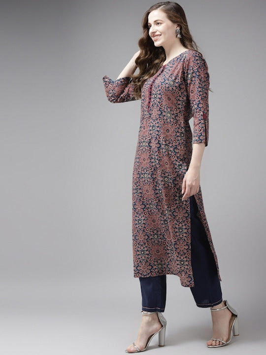 Yufta Women Blue Ethnic Motifs Printed Pure Cotton Kurta with Trousers